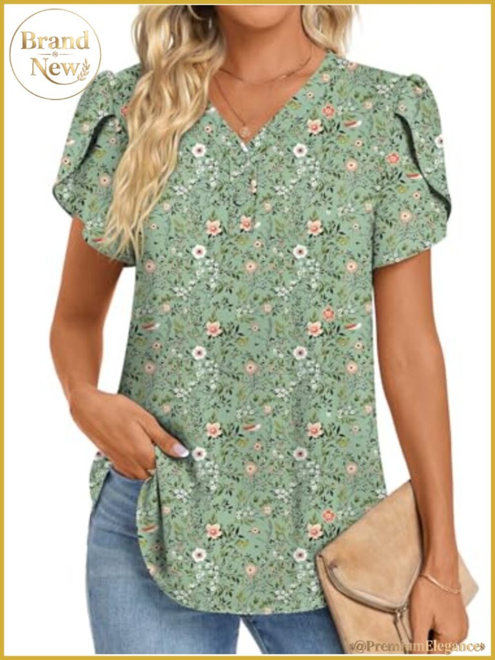 Women's Chiffon V-Neck Petal Sleeve Blouse - Floral Print Summer Top